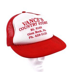 Vintage Glen Rock PA Vance's Country Store Trucker Snap Back Cap Red Made In USA